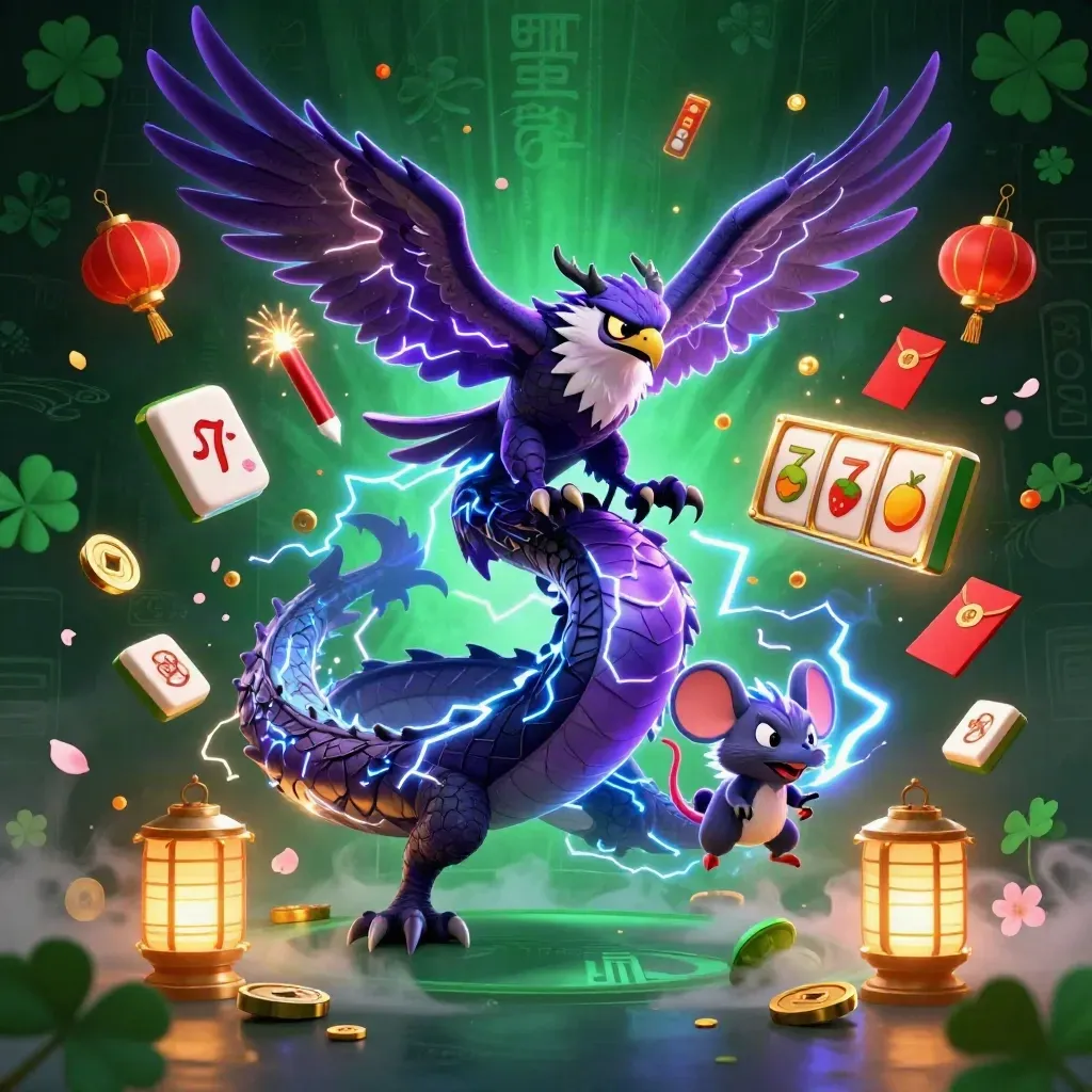 Thunder dragon, hawk and static mouse amid casino charms, lightning, coins, lanterns and slot symbols.