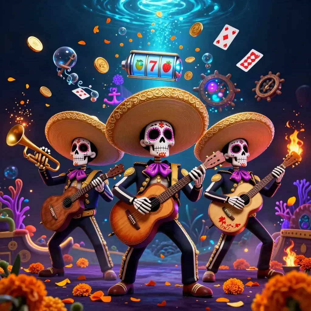 Skeleton mariachi trio in a glowing treasure cove with coins, coral, reels, and jackpot sparks.