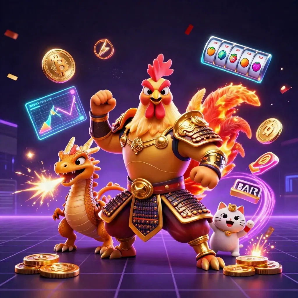 Rooster warrior, spark-breathing dragon hatchling, and fortune-cat amid casino coins and neon effects.