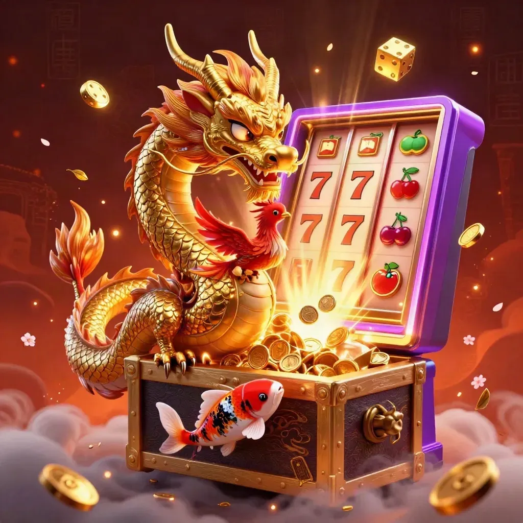 Golden dragon with phoenix, koi, slot machine bursts, treasure chest, and neon casino glow.