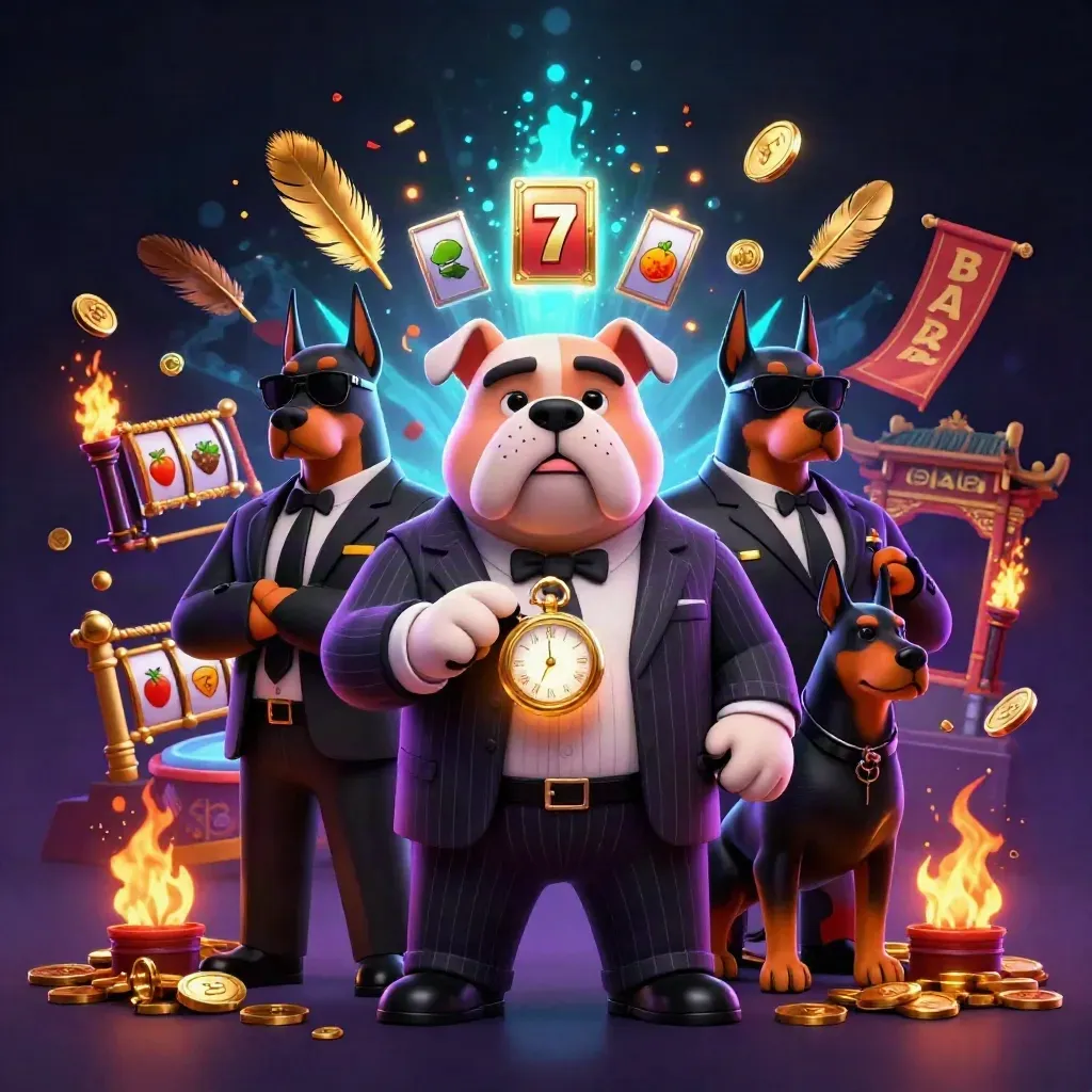 Bulldog boss and Doberman guards amid casino sparks, coins, reels, and a temple gate.