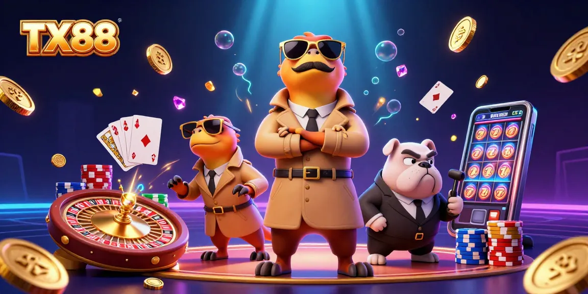 Experience thrilling casino action with TX88 as cartoon raptors in a trench coat attempt VIP entry.
