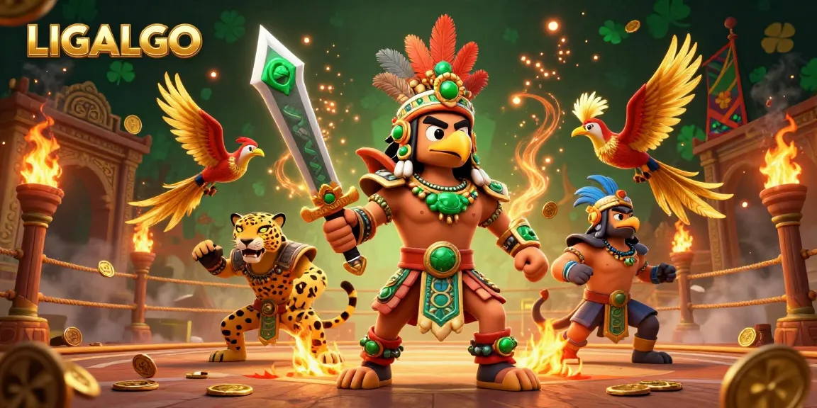 LIGALGO showcases a lively 3D scene featuring Aztec warriors and vibrant gambling elements.