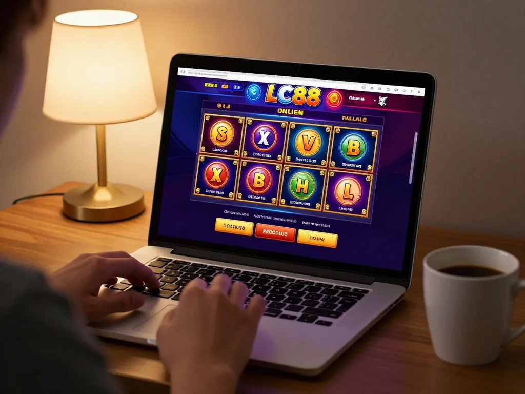 Engaging online gaming experience at trang chủ lc88 with vibrant slot games displayed on a cozy laptop.