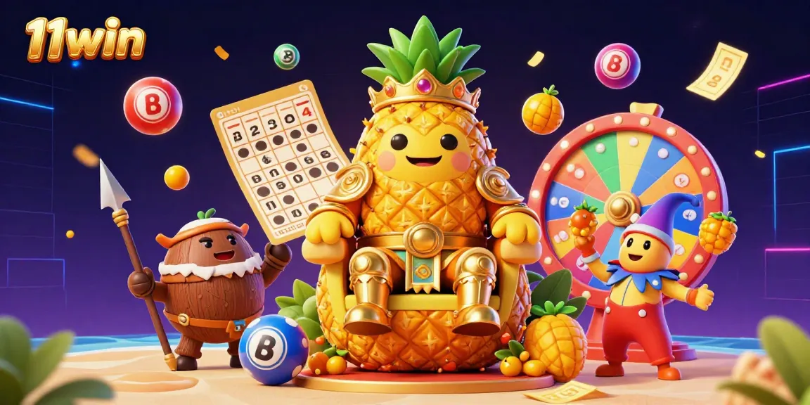 Experience the excitement of 11win with a vibrant casino scene featuring a golden pineapple king and engaging lottery elements.