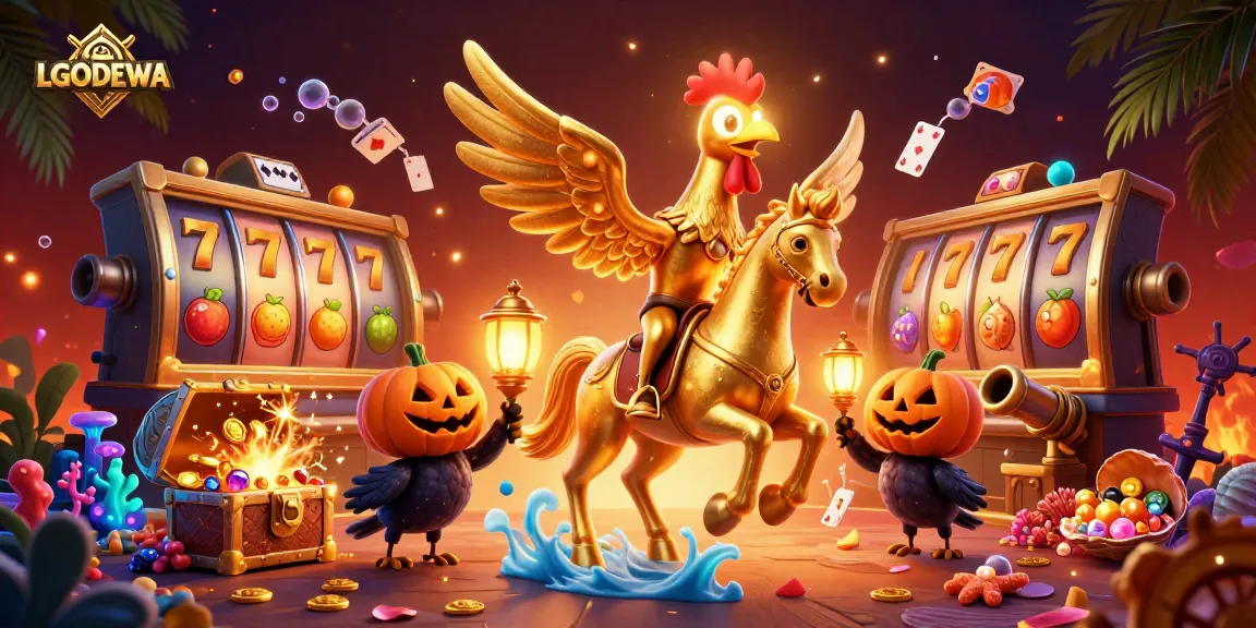 Play exciting slots at LGODEWA, featuring thrilling reels and jackpot rewards in a dynamic casino scene.