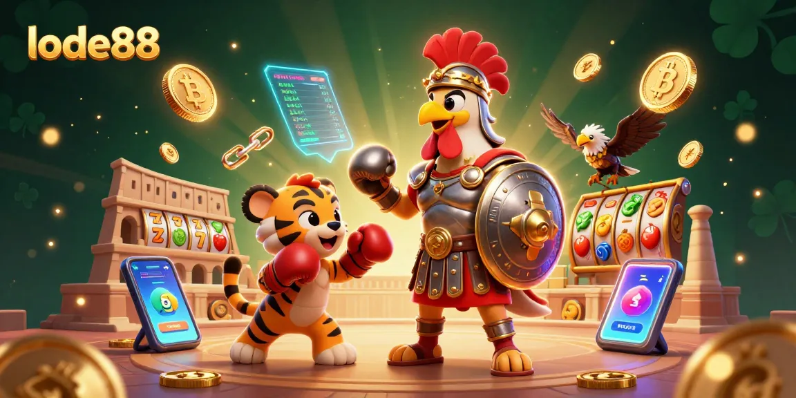 Experience the thrill of lode88 with a vibrant 3D scene featuring a gladiator rooster, crypto coins, and slot elements.