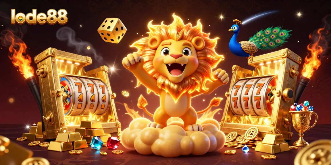 Experience dynamic gameplay with lode88 as the golden lion atop treasure in a 3D casino scene.
