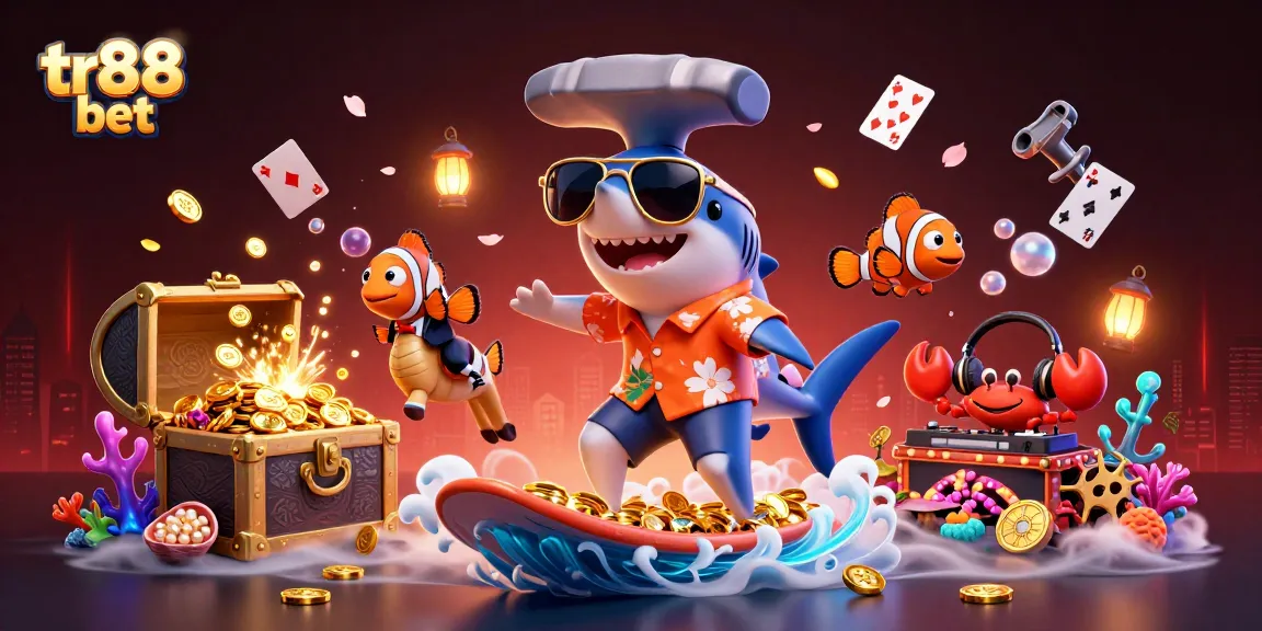 Surfing gold coins in a thrilling tr88 bet casino adventure with animated sea characters.