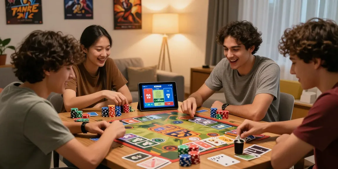Friends enjoying a lively rikvip card game night at home, vibrant atmosphere with poker chips and digital devices.