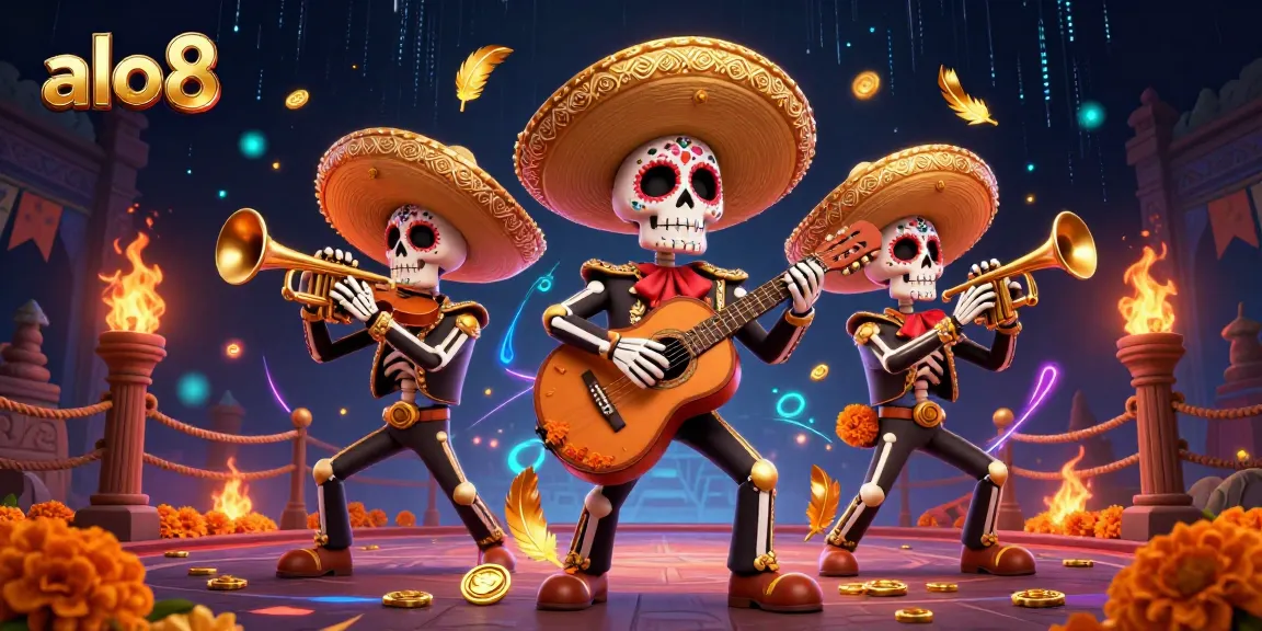 Engage in thrilling games at alo8 with vibrant skeleton mariachi band and rich casino elements.