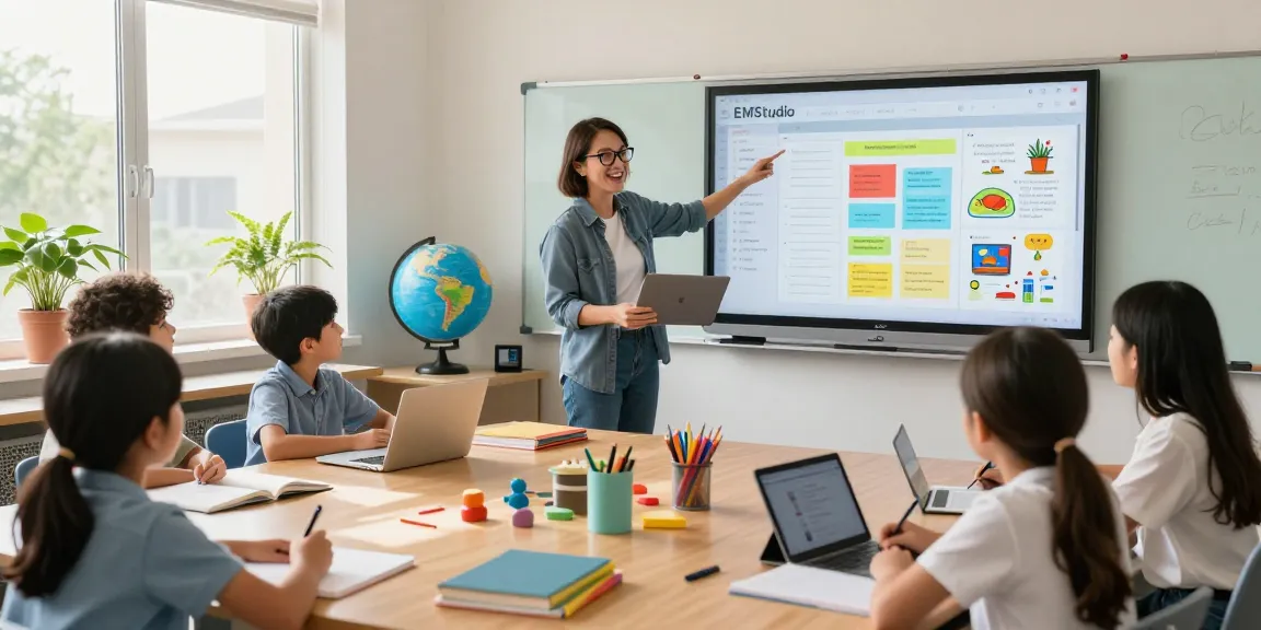 Teacher using EMStudio online teacher planner in vibrant classroom with engaged students, showcasing classroom management application.