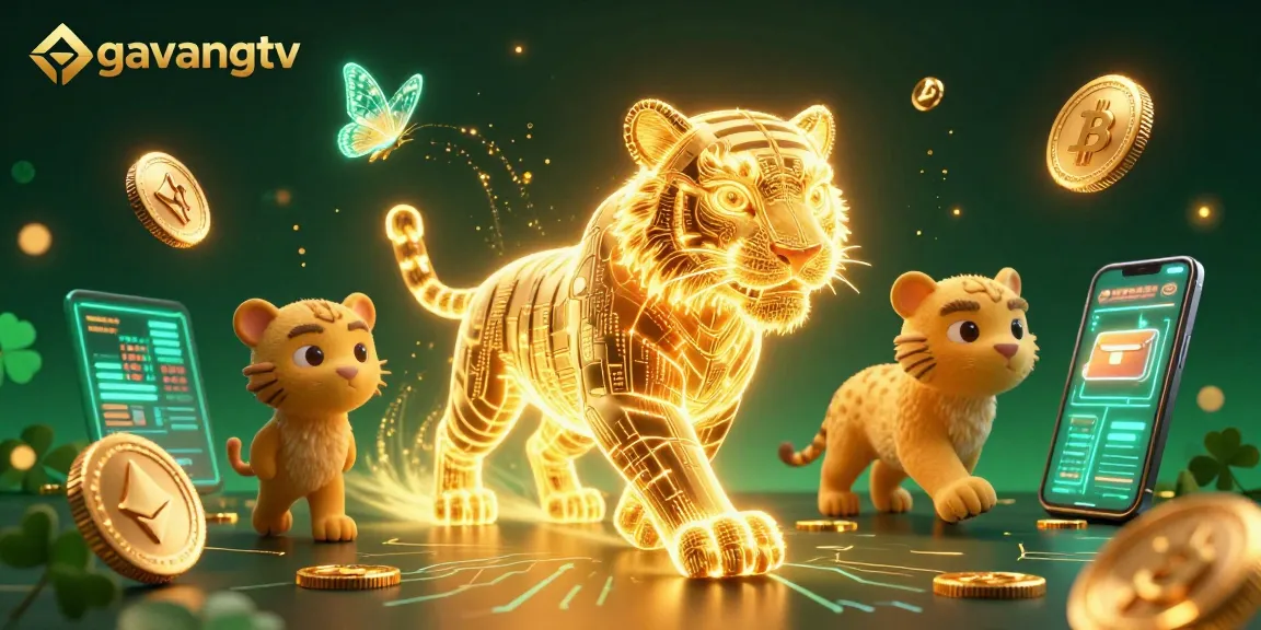 Engaging in thrilling betting at gavangtv, featuring a neon wireframe tiger amidst crypto elements.