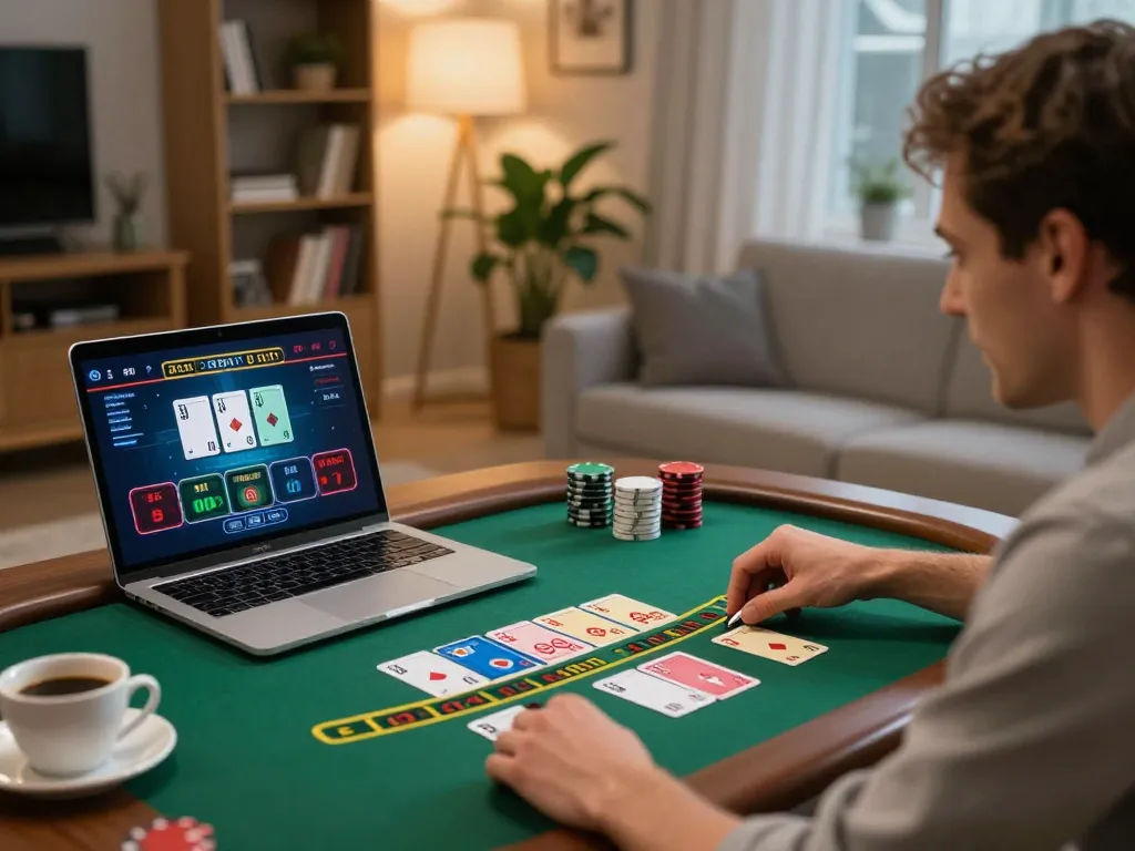 RR88 player enjoying a live dealer blackjack game in a cozy modern setting