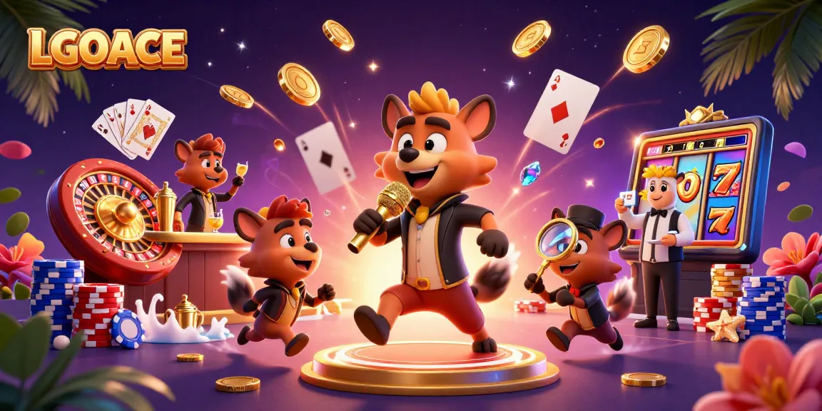 LGOACE showcases a vibrant casino scene with hyenas in a comedic online slots environment, promoting fun gameplay.