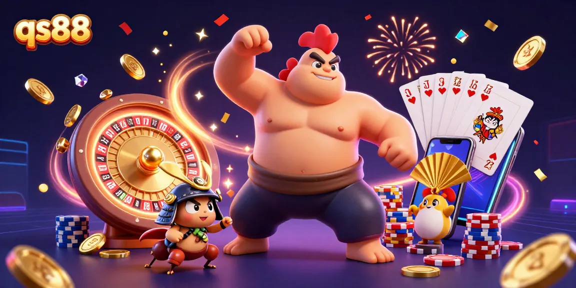 Engage with qs88's thrilling atmosphere featuring a powerful sumo rooster, samurai cricket, and festive gaming elements.