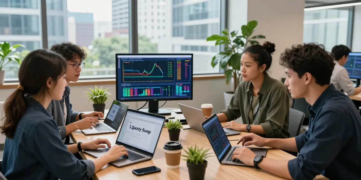 Collaborative finance team discussing libertyswap in modern workspace with crypto charts and digital devices.