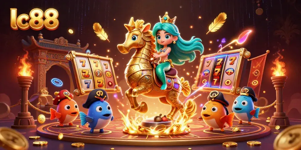 Experience excitement at lc88 with a vibrant mermaid-themed slot scene filled with action and gold.