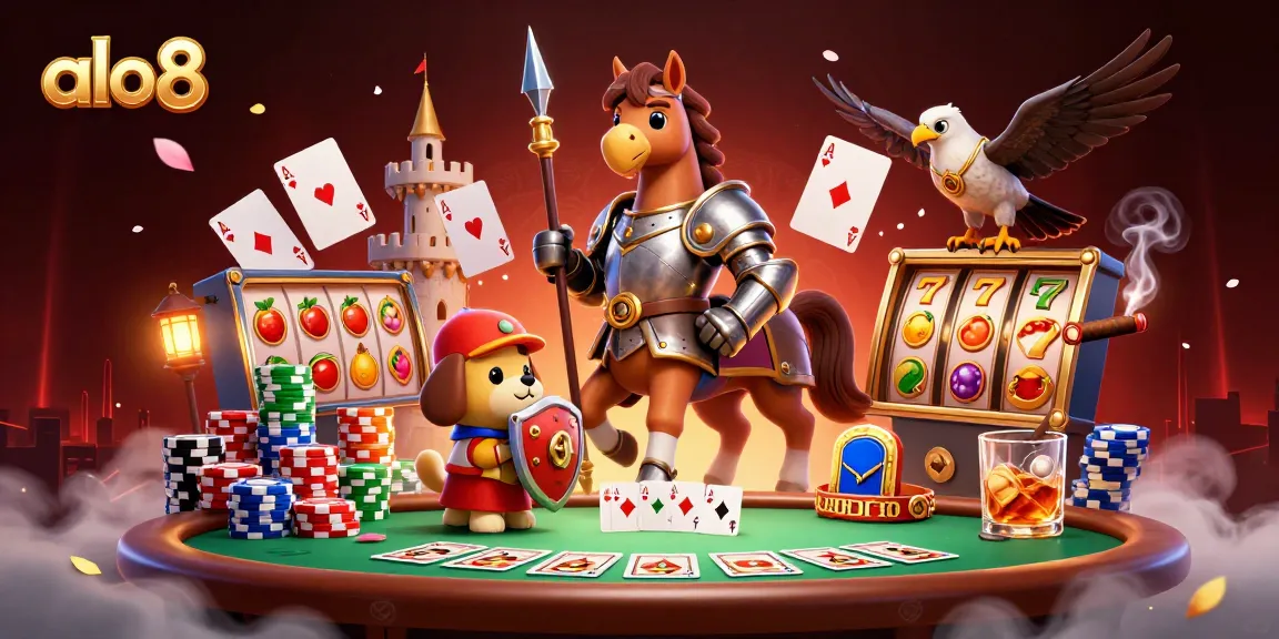 Join the excitement at alo8 with a knight and friends amidst vibrant casino games and slots.