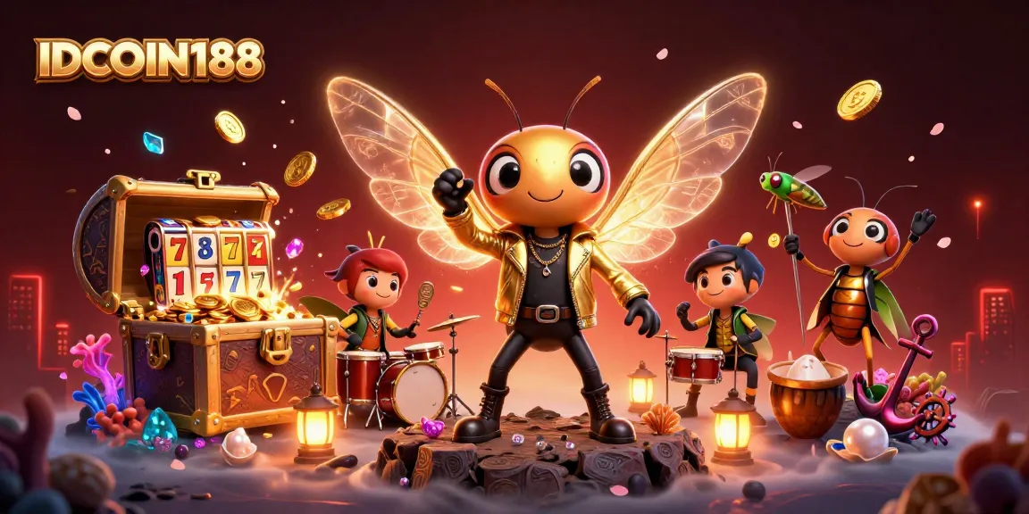 IDCOIN188’s vibrant casino scene with a cicada rock star and treasure elements for online gaming enthusiasts.