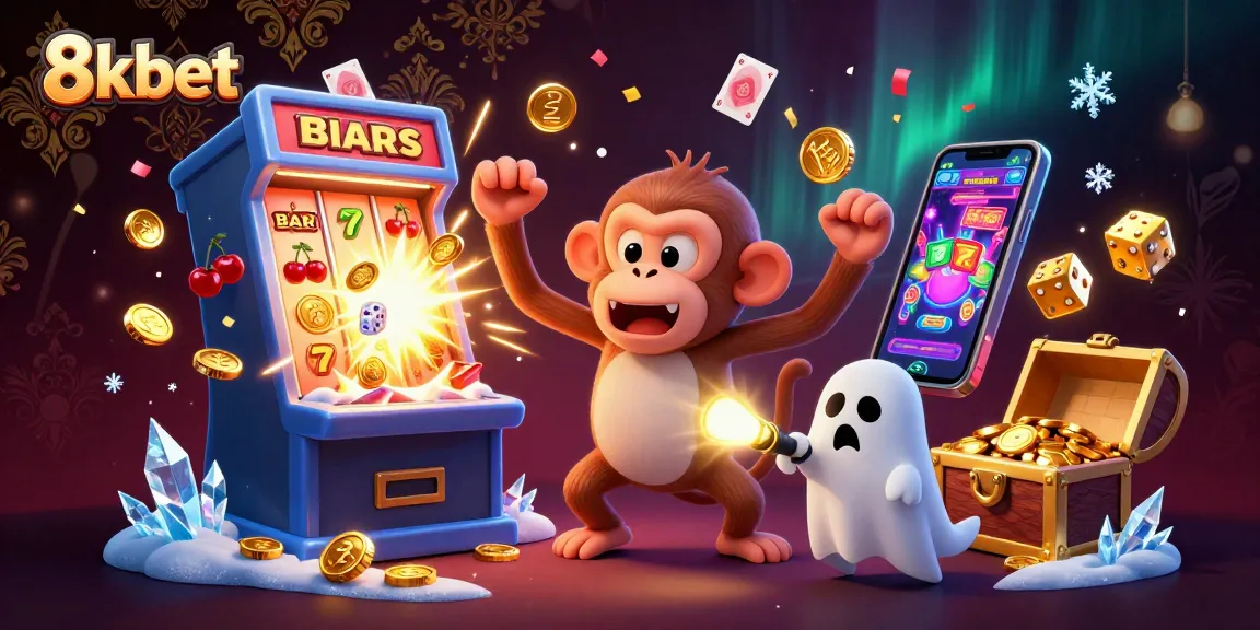 Join the excitement at 8kbet as a poltergeist monkey juggles golden coins in a vibrant casino scene.