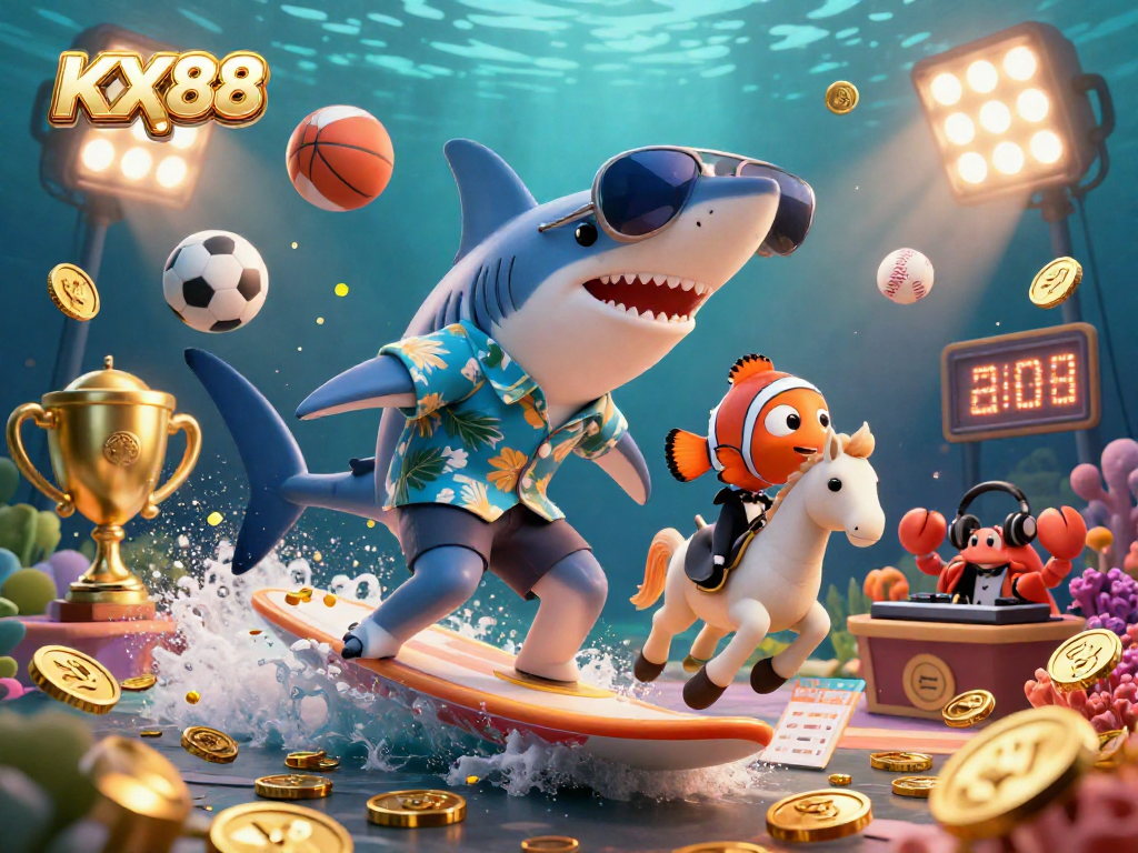 KX88 players surf towards victory with vibrant sports elements and a lively underwater scene.