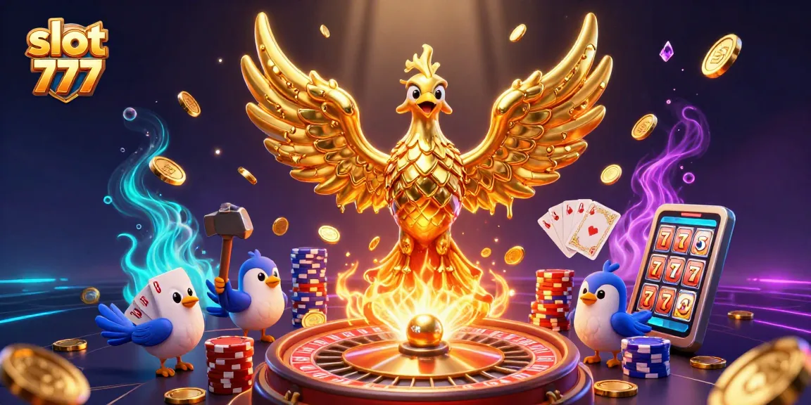 Spin and win big with slot 777 featuring a golden phoenix and casino elements!
