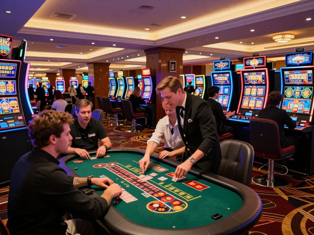 Players enjoying the excitement of keonhacai slots and table games in a vibrant casino environment.