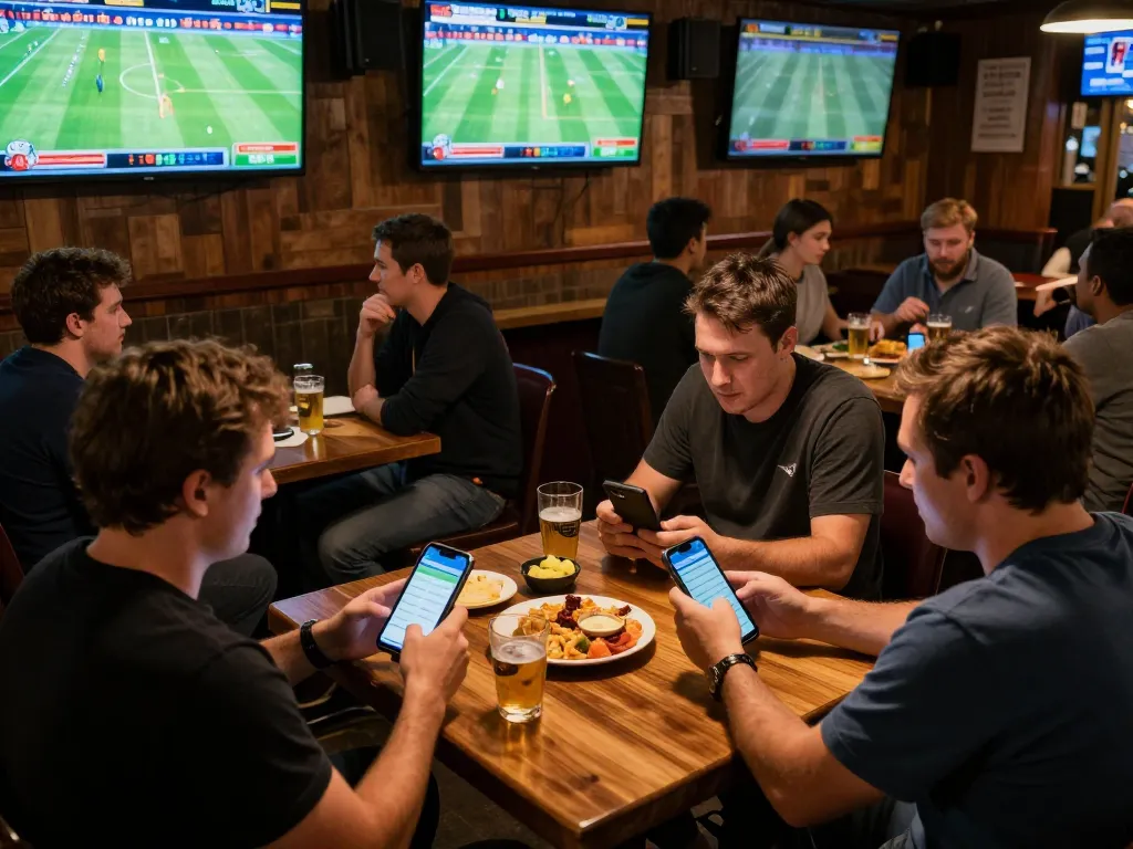 Watch patrons engage in sports betting at 7m-7m while cheering for live games.