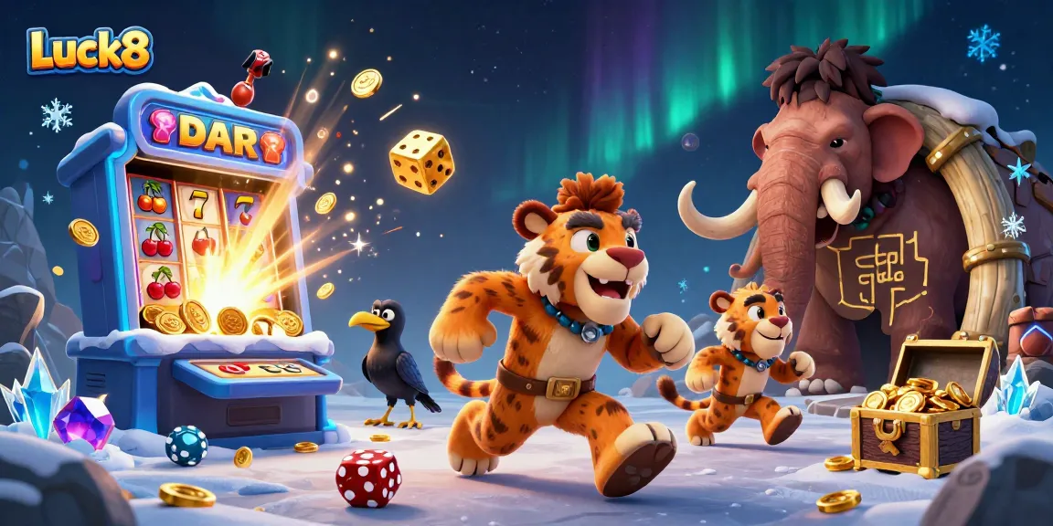 Luck8 players enjoying a vibrant prehistoric casino scene with engaging slot machines and gleaming treasures.