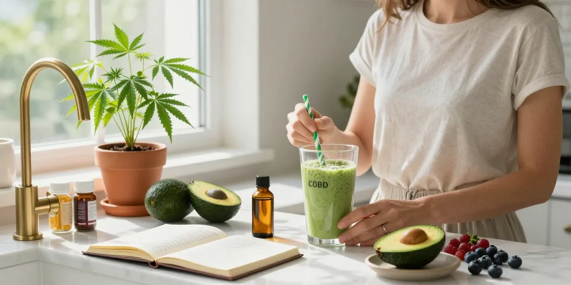 Ministry seeds paired with premium CBD oil in a bright wellness kitchen filled with natural ingredients and light.