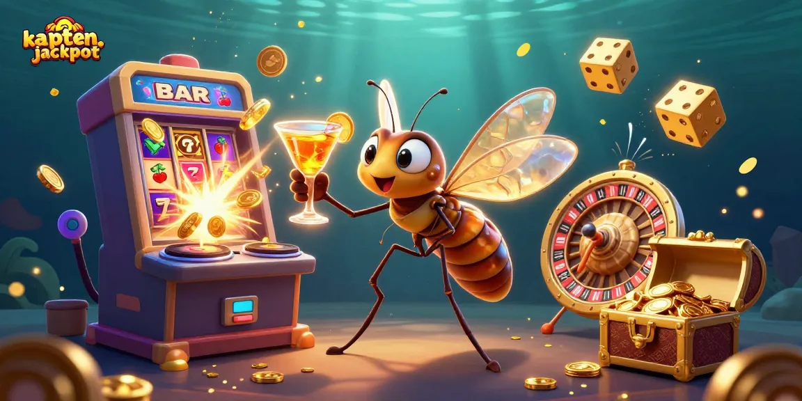 Join the fun of kaptenjackpot with a lively casino scene featuring a unique cocktail mascot.