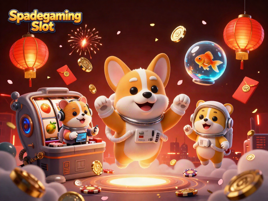 Experience the Spadegaming Slot with a cartoon space-themed illustration showcasing dynamic gaming elements.