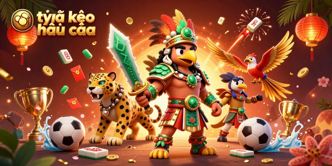 Engage with tỷ lệ kèo nhà cái in an energetic sports betting scene featuring an Aztec warrior and dynamic game elements.