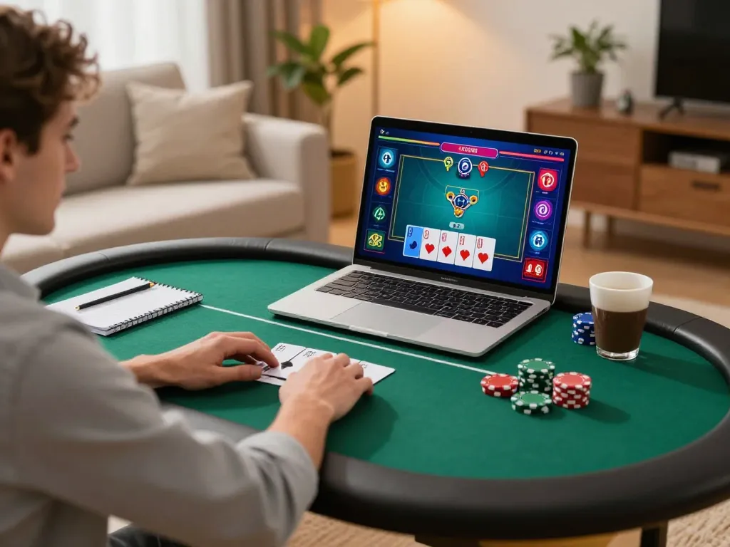 o8 player engaging in online poker strategy at home, showcasing vibrant gaming setup and responsible gambling.