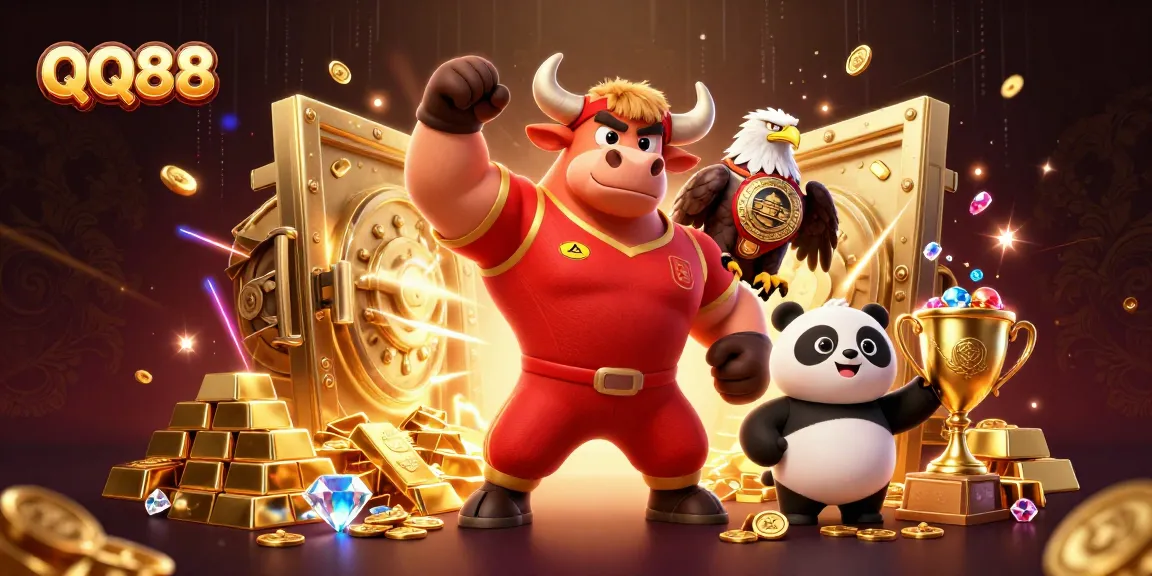 Experience QQ88's thrill with a triumphant bull and eagle in a dazzling casino treasure scene.