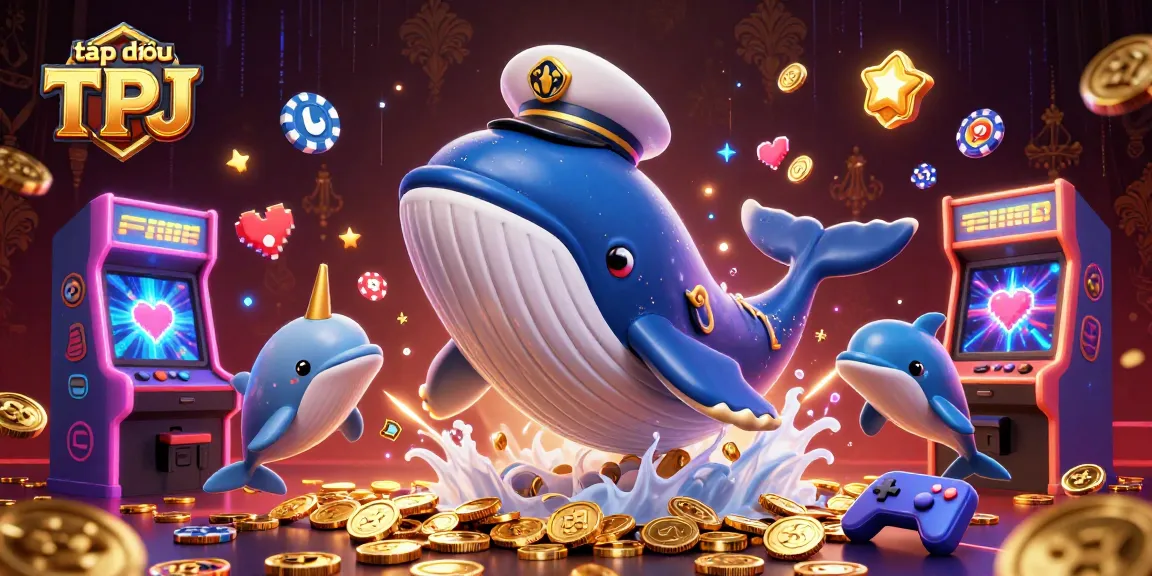 Engaging scene of tập đoàn TPJ promoting playful dolphins mastering poker skills amid a treasure of casino coins.