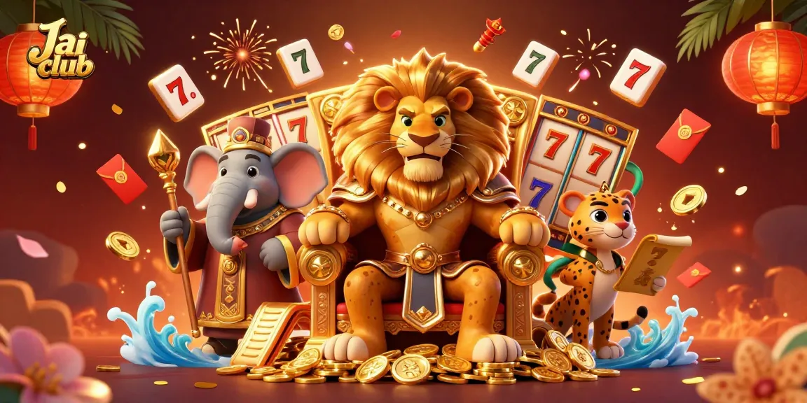 Engage in exciting gaming with Jai club, featuring a grand lion king, wise elephant, and agile cheetah in a vibrant casino setting.