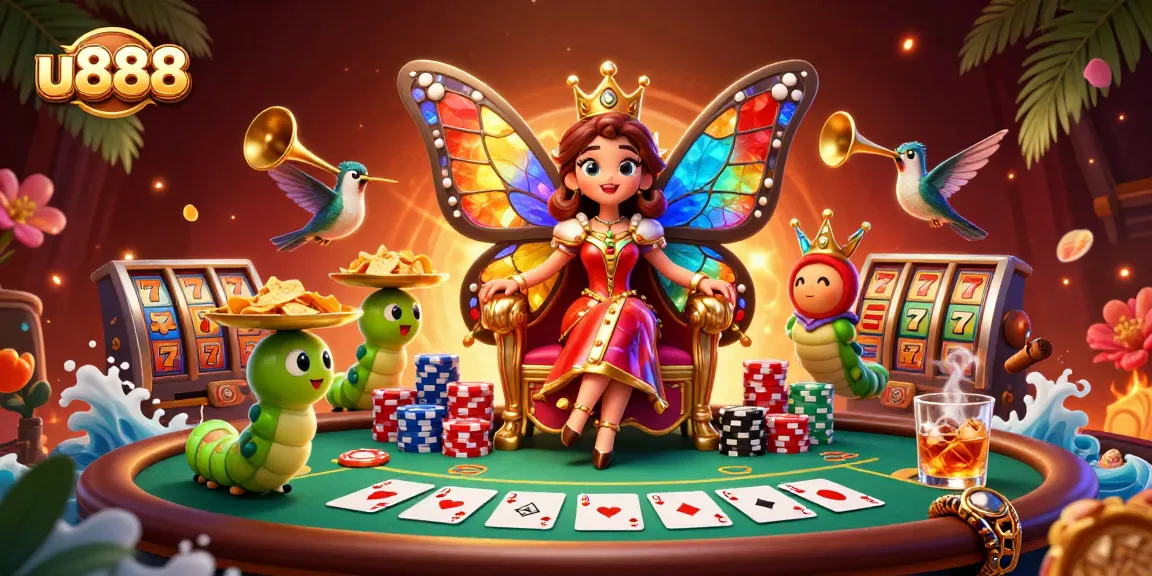 Experience thrilling wins with u888 in a vibrant casino scene featuring animated characters and oversized poker elements.