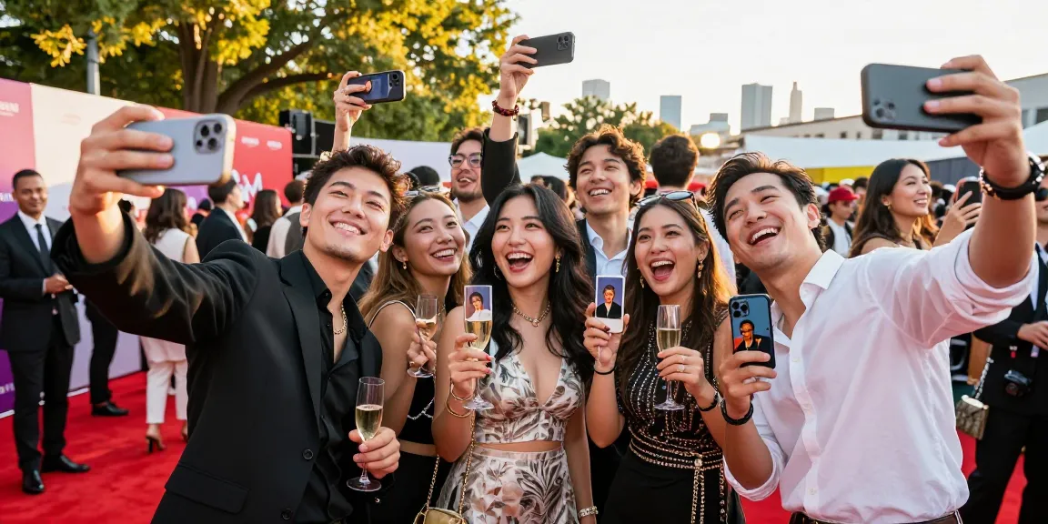 Celebrities look alike event scene with friends celebrating and taking selfies.