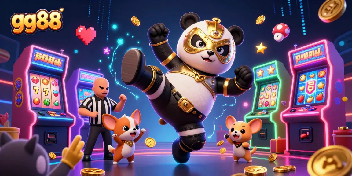 Experience thrilling gameplay at gg88 with an energetic panda wrestler battling in a vibrant online casino!