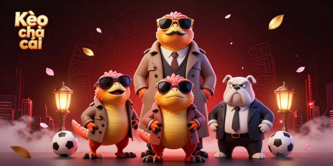 Kèo nhà cái showcases three raptors in a trench coat entering a casino with vibrant decorations and sports elements.