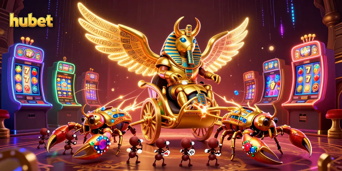 Engage with hubet's vibrant slot gaming scene featuring a golden scarab and energetic gaming elements.