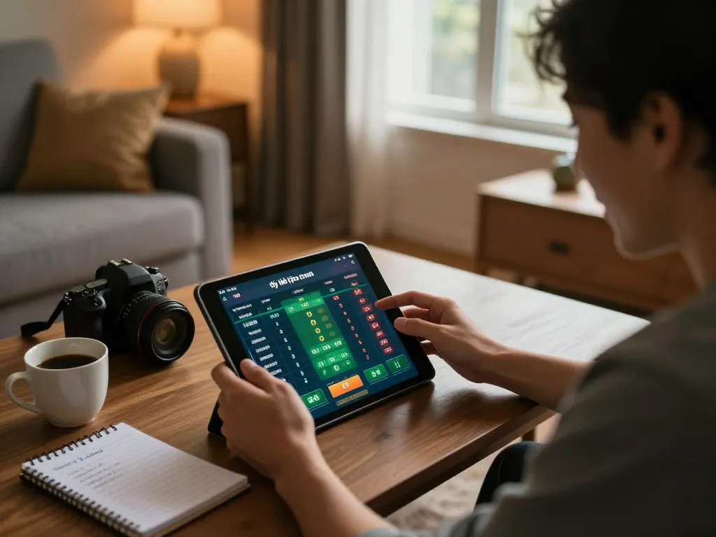 Person engaging with tỷ lệ kèo nhà cái 5 on a tablet while seated in a cozy living room.