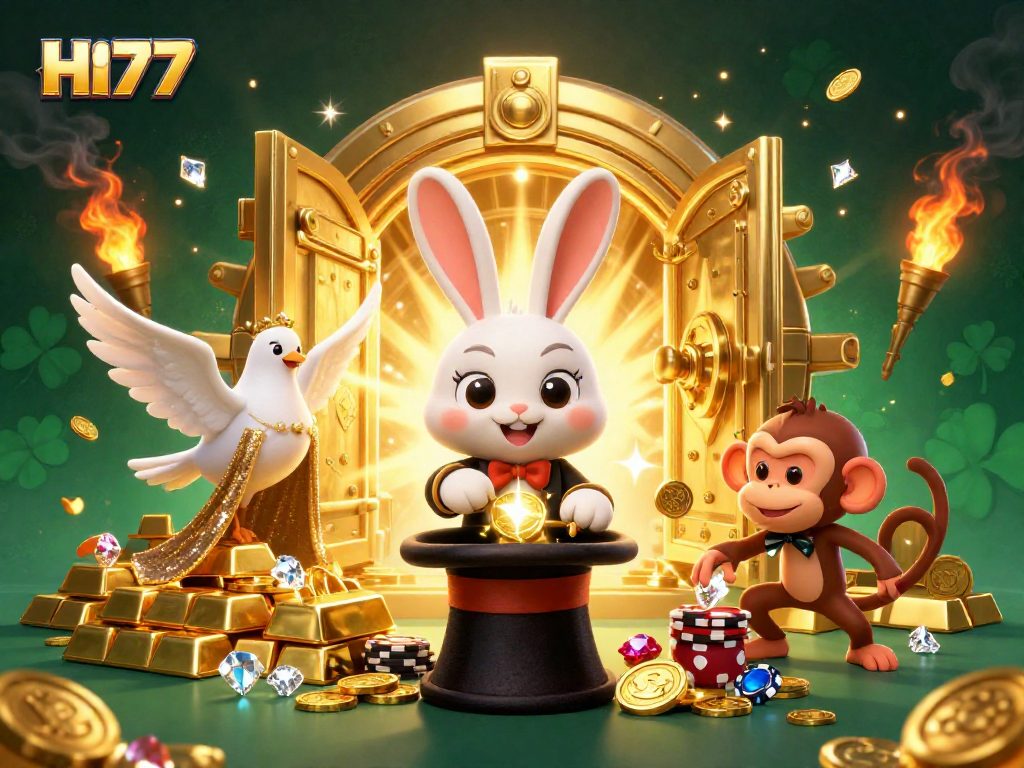 HI77 gamers celebrating wins with magical rabbits and dazzling treasures in a vibrant casino illustration.