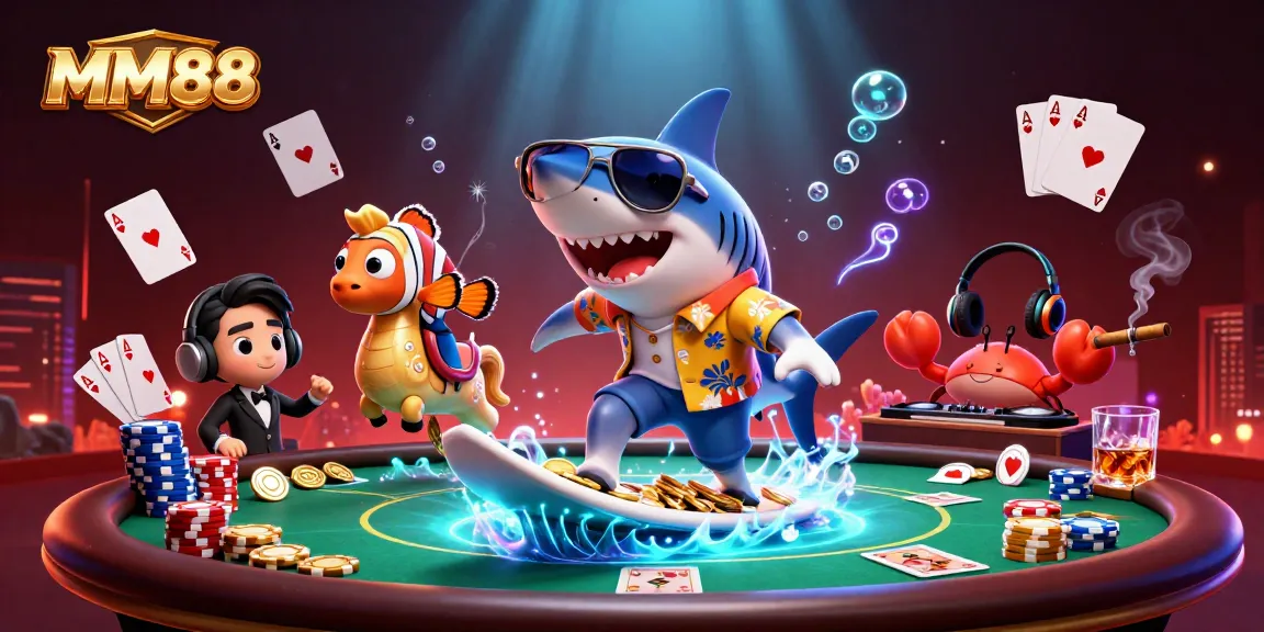 Experience MM88 with vibrant casino elements as the shark surfs gold coins in an uplifting scene.