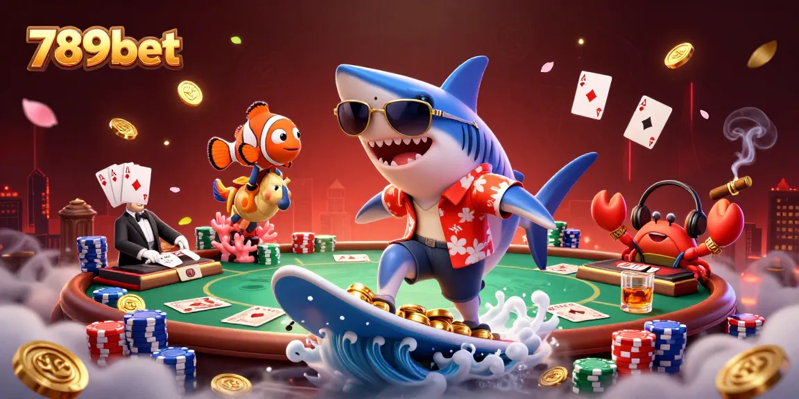 Surf the wave of winning with 789bet's vibrant casino experience featuring a shark and poker elements.