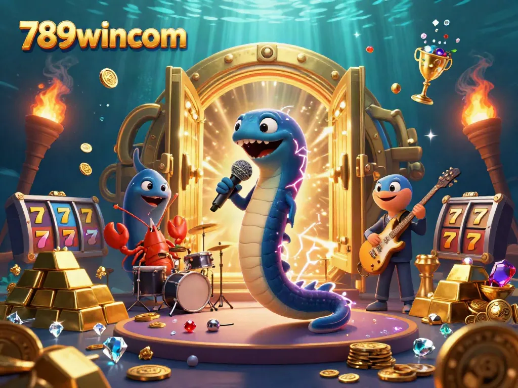 Immerse in the vibrant underwater casino world of 789wincom featuring a DJ electric eel and dynamic gaming elements.
