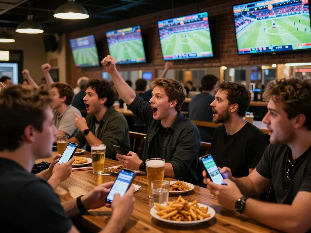 Fans engaging in live sports betting at a lively bar, showcasing keonhacaii excitement and strategy.