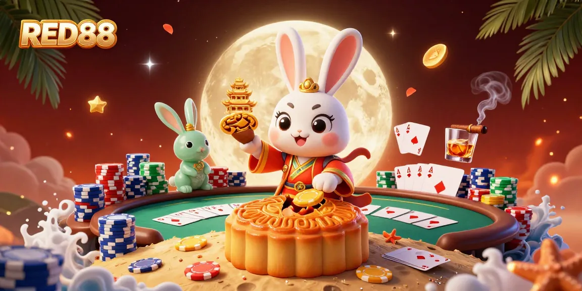 Experience winning with RED88: a folklore moon rabbit celebrating casino-style on the lunar surface.